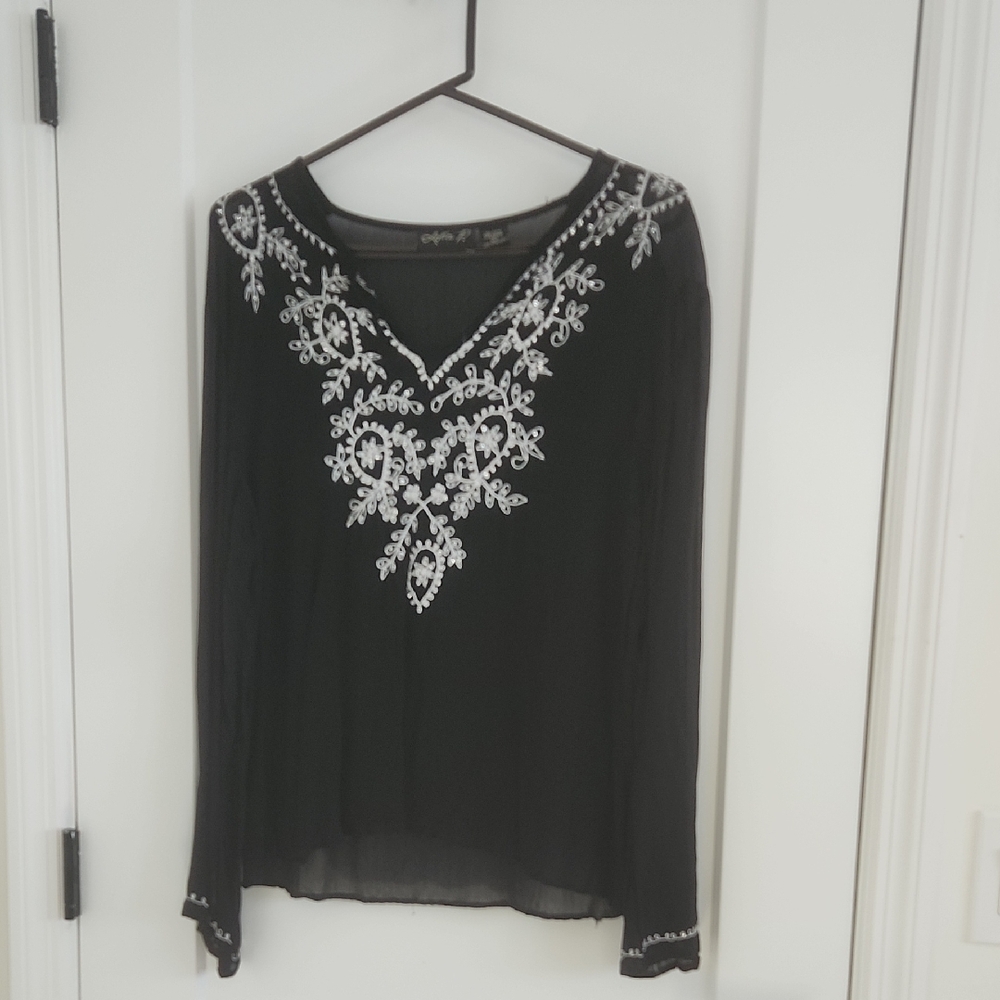 Elegant Black Blouse with White Embroidery